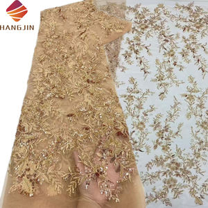 قماش دانتيل شبكي مطرز بالترتر والخرز بلون ذهبي شامبانيا، تصميم جميل لفساتين الزفاف الأفريقية - Product Image 1