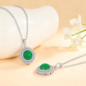 Collier pendentif halo en argent sterling 925 avec calcédoine verte, cabochon rond, bijou vintage pour femme - Product Image 3