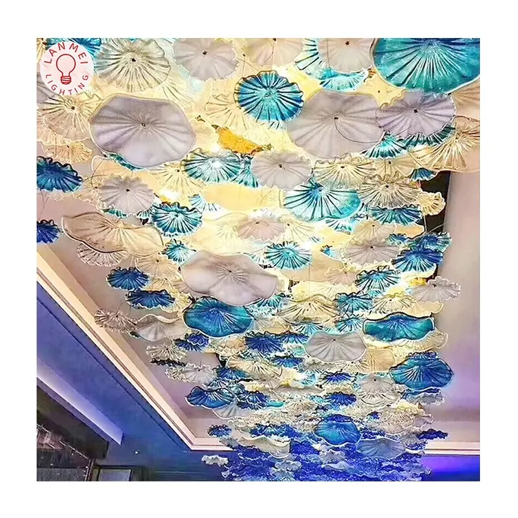 Beautiful Lotus Leaf Design Hotel Lobby Villa Dining Room Custom Murano Glass Led Chandelier