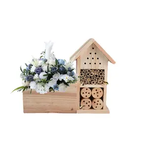 BSCI factory Wooden Bee Houses With Flower Pot Custom Wooden Insect Hotel Bee Butterfly House
