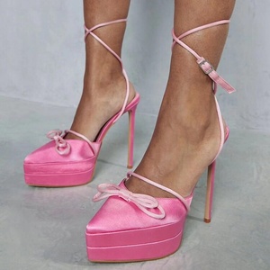 Satin Bow Lace up Women's Platform <b>Sandals</b> High Thin Heels Stiletto Pointy Toe Sexy Dress Pumps Ladies Summer Shoes - Product Image 3