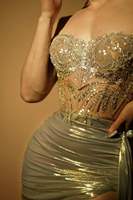 Vestido de Novia MF de Dos Piezas con Encaje y Lentejuelas, Sin Mangas, Corte A, Cintura Imperio, Sexy, Mini, de Poliéster, con Diseño Geométrico de Robot