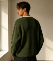 Pull en maille vintage personnalisé pour homme à col en V contrastant, pull vert surdimensionné avec broderie OEM Script, modèle non encore disponible