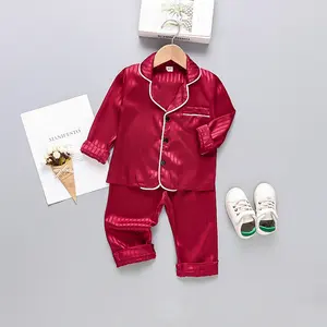 Wholesale Custom 2 Piece Button Down Silk Kids Sleepwear Boys Girls Pajama Children Satin Korean Pajama For Kids