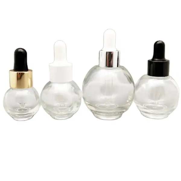 Frascos conta-gotas vazios personalizados de vidro para óleo essencial cosmético, 10ml, 20ml, 30ml e 50ml, em forma de bola, com tampas para soro e attar