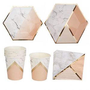 Assiettes de fête jetables en forme d'hexagone, rose et vert, avec estampage à chaud, pour décoration d'anniversaire - Product Image 4