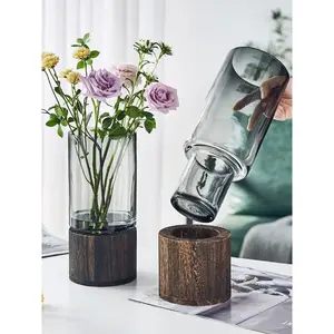 Nordic Style Luxury Crystal+Wooden <strong>Flower</strong> <strong>Vases</strong> Big Hole Transparent Thickening Glass <strong>Vase</strong> for Living Room Home Decor - Product Image 1