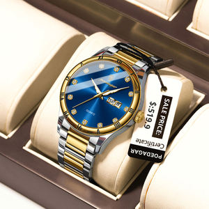 POEDAGAR 878 Men Gold Quartz Watches With <b>Calendar</b> Week Stainless Steel Waterproof Luminous Hands Luxury Watch for Men Reloj - Product Image 1
