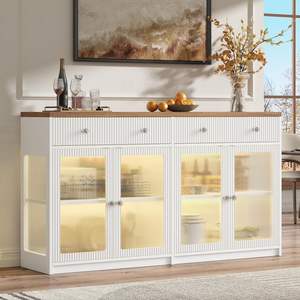 Buffet en bois de style campagnard avec port de charge, portes en acrylique cannelées, étagères réglables, bar <span class=keywords><strong>à</strong></span> <span class=keywords><strong>café</strong></span> écologique pour la cuisine - Product Image 1