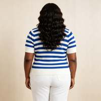 Nouvelle Arrivée Mode Femme Grande Taille Polo en Maille Rayé avec Bord Côtelé Contrastant Style Nautique Preppy Manches Courtes Haut Décontracté en Maille