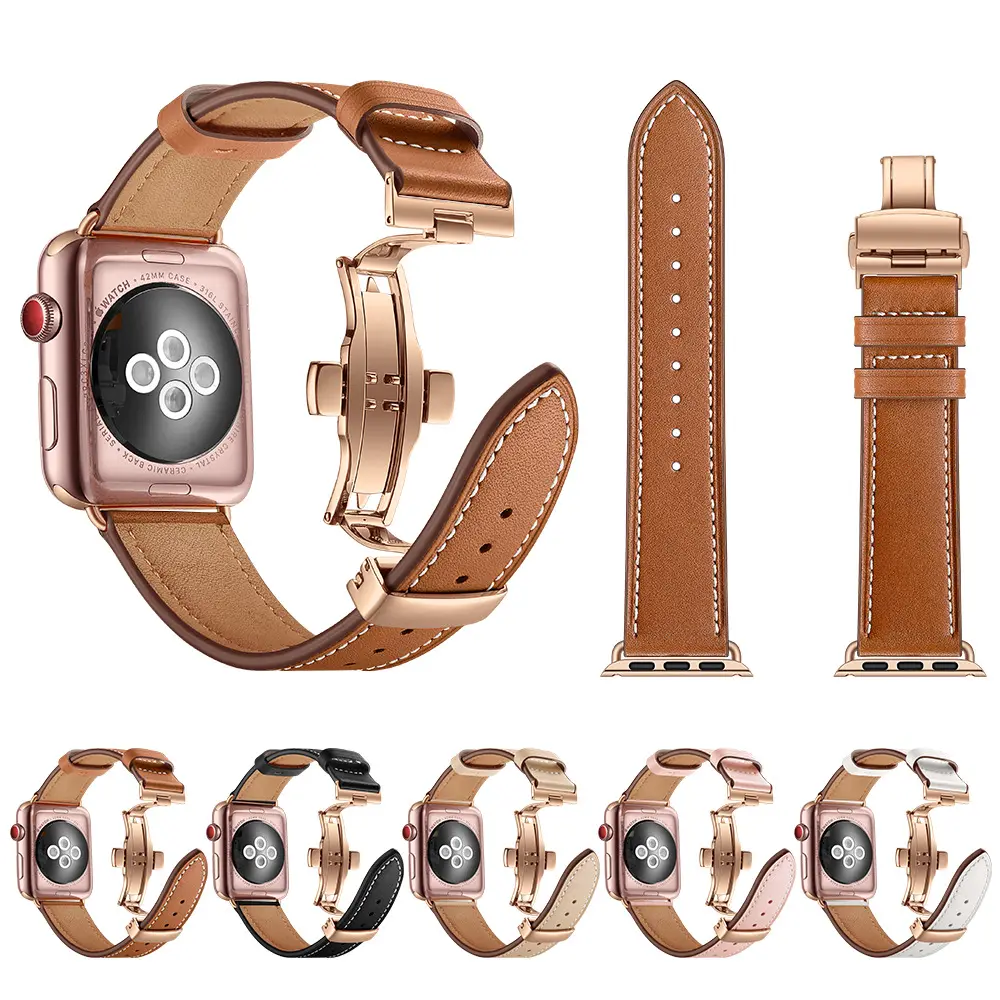 COOLYEP चमड़ा स्मार्ट Watchband Cowhide चमड़े Appl घड़ी का पट्टा के साथ एप्पल के लिए धातु तितली बकसुआ घड़ी बैंड 5 4 3 2 1