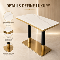 Mesa de Comedor Rectangular de Piedra Sinterizada Comercial con Estructura de Metal Dorado, Muebles de Lujo para Restaurantes, Hoteles, Cafeterías y Bistrós