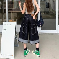 Culottes en jean OEM, style baggy, jambes larges, Y2K, multi-boutons, surpiqûres contrastées, ourlet brut, streetwear Harajuku, unisexe, pantalon 3/4