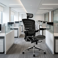 Chaise de bureau ergonomique en maille avec accoudoirs et appui-tête réglables, base chromée, pivotante, style moderne, noire, usage commercial