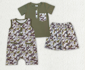 Sibling Baby Boys Green Camo Ducks Pocket Button Top Short Hunting <b>Clothes</b> Set Rompers - Product Image 4