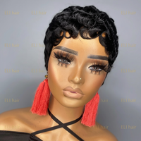 Pelucas sin encaje de cabello virgen al por mayor, pelucas vietnamitas de cabello humano corto estilo pixie, peluca rizada natural pre-arrancada con flequillo sin pegamento