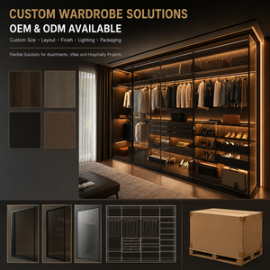 Armoire sur mesure pour villa avec portes battantes en verre, éclairage LED, système de <span class=keywords><strong>rangement</strong></span> pour vêtements, chaussures et sacs - Product Image 1