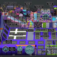 Équipement complet de terrain de jeux intérieur, thème néon multi-activités, trampolines Chevron, toboggans ondulés et spirales, mur de tir, KITCHEN