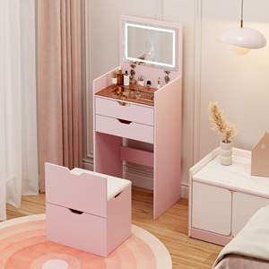 Modern Wood Smart 3-in-1 Multifunctional Bedroom <b>Dressing</b> <b>Table</b> <b>Stool</b> Set Three-color Lighting Modes HD Mirror Two Sliding - Product Image 2