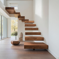 Escalier en colimaçon intérieur en bois avec escalier droit en bois de luxe, design simple, marches en verre et escaliers flottants