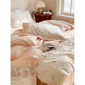 Luxury Girly Style 100-count Long-staple Cotton Four-piece <b>Bedding</b> <b>Set</b> With French Floral Embroidery And Color-blocked Duvet - Product Image 2