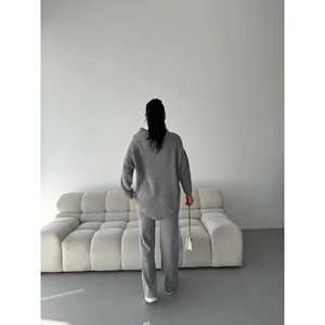 Casual Plaid Print <b>Knit</b> <b>Set</b> Bow Collar Embroidered Terry Fabric Pleated Button Decoration Ankle-Length Streetwear for Spring - Product Image 5