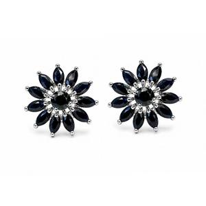 925 Sterling <b>Silver</b> Rhodium Plated Blue Sapphire Floral <b>Stud</b> Earrings - Product Image 3