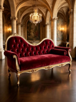 Canapé inclinable double en velours rouge bordeaux de style français, luxe léger, chaise longue royale européenne en bois massif sculpté pour salon
