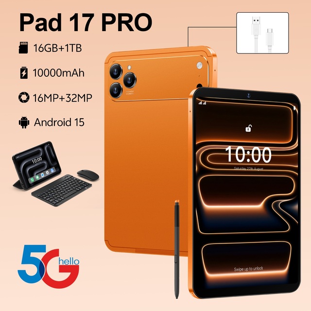 Pad 17 Pro WiFi Tablet 10.1 Inch Large Screen Android 15 MTK 1.5GHz 16GB RAM 1TB ROM 10000mAh Battery Dual SIM TF Card