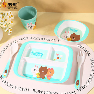 Line Friends Melamine Kids Tableware Set Cartoon Design Bpa Free Food Grade Dinner Tray With Bowl Cup Spoon Fork - Product Image 1