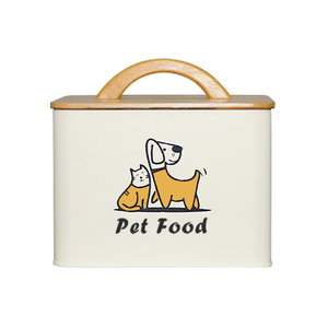 Boîte de rangement pour croquettes de chat en fer galvanisé personnalisé Boîte en métal avec couvercle en bois pour friandises pour chiens Boîte en métal avec couvercle rectangulaire en bambou pour aliments pour animaux domestiques - Product Image 4