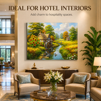 Peinture à l'huile sur toile, décor mural, motif moulin à eau, ruisseau, tournesols, canards, cabane à toit de chaume, roue à eau, art populaire, peint à la main