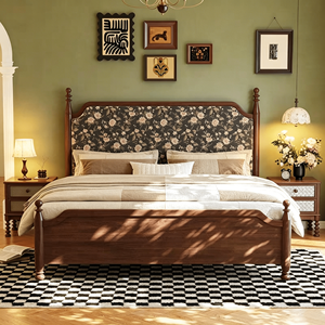 Traditional Upholstered Wooden <b>Bed</b> <b>Frame</b> Queen Size Fabric Headboard Soft <b>Bed</b> Mahogany Wood Design - Product Image 3
