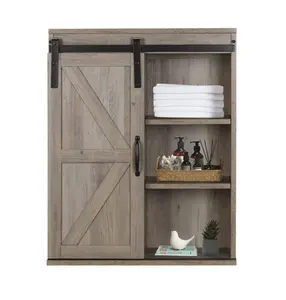 Rustic Wooden Wall Mounted Storage Cabinet with Sliding Barn Door, Decorative Farmhouse Medicine Cabinet for Kitchen Dining
