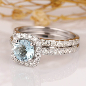 Ensemble de bagues de fiançailles et de mariage pour femmes, design tendance, bijoux en argent 925, aquamarine naturelle ronde, halo CZ, cadeau d'anniversaire - Product Image 2