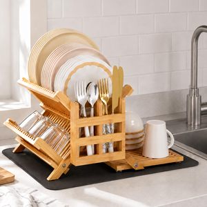 Wholesale 3 Tier <b>Collapsible</b> Dish Drying Rack OEM ODM Custom Logo Utensil Holder Absorbent Mat Non-Folding Modern <b>Storage</b> - Product Image 2