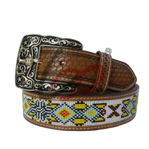 Luxury Genuine Cow Leather Western Aztec Beaded Belt Floral Hand Carved Design At Best Price For Men&Women Wholesale Customized