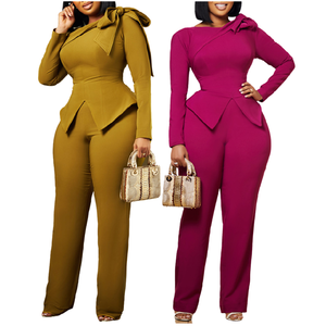 D546 Dernières tendances en matière de tenues africaines pour femmes, ensemble élégant en deux pièces, haut à manches longues et pantalon de couleur unie - Product Image 1
