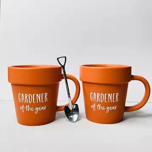 Custom Logo Terracotta Flower Pot Coffee Mug Cute Ceramic Plant Pot Mug with Shovel Spoon - Product Image 5