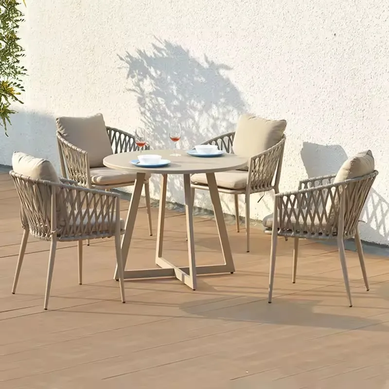 Juego de mesa y silla de comedor de aluminio para patio y jardín al aire libre, muebles modernos para exteriores, juego de comedor tejido con cuerda