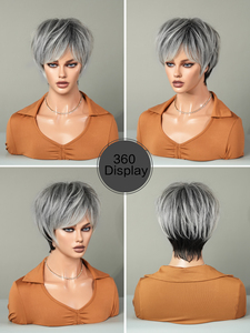 Parrucche Biondo Platino per Donne, <span class=keywords><strong>Parrucca</strong></span> <span class=keywords><strong>Grigia</strong></span> Taglio Pixie per Donne Bianche, <span class=keywords><strong>Parrucca</strong></span> Sintetica a Strati con Riflessi Grigi e Frangia - Product Image 5
