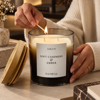 Bougie parfumée en verre AIKUN à large diamètre, noire, à plusieurs mèches, pour la décoration de salon, avec pot profond, bord doré, étiquette frontale de marque
