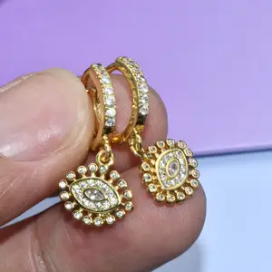 Luxury 18K Gold Plated White Cz Insert Big Eye Tassels Hoop Brass Earrings For Girl Women