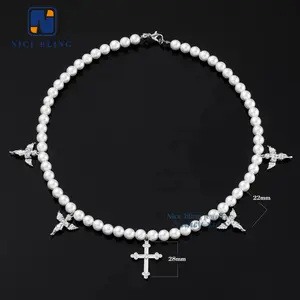 custom hip hop jewelry Stylish Jewelry Factory Direct Sell Iced Out Cz Cross Angle Charm Hip Hop Necklace With Pearl