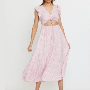 Nuevo Vestido Midi Casual para Mujer con Cuello en V, Estampado Floral, Abertura Frontal, Mangas con Volantes, Vestido de Playa para Verano - Product Image 1
