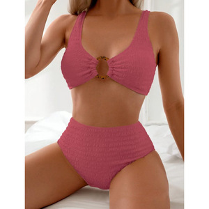 Traje de baño bikini de dos piezas de gasa de color liso sexy para <span class=keywords><strong>mujer</strong></span>, con pantalones de cintura alta y diseño hueco, ideal para la playa. - Product Image 2
