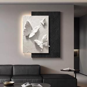 Cuadro Abstracto Tridimensional de Mariposas de Lujo en <span class=keywords><strong>Blanco</strong></span>, Negro y Gris sobre Lienzo para Decoración de Sala de Estar - Product Image 1