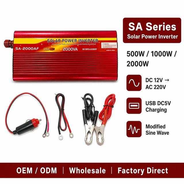 2000W Solar Power Inverter DC 12V to AC 220V Modified Sine Wave Car Inverter USB Port Battery Clip Off Grid OEM Wholesale