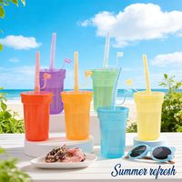 Gobelets de fête pour enfants en plastique incassable et léger, avec couvercles et pailles, lot de 6, 12 oz, gobelets à boire néon colorés, cadeaux de fête