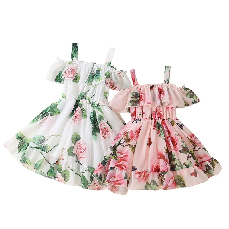 Hot Selling Summer 2022 Polyester Fibre Baby Girls Casual Sling Print Flower Princess Dress For Girl